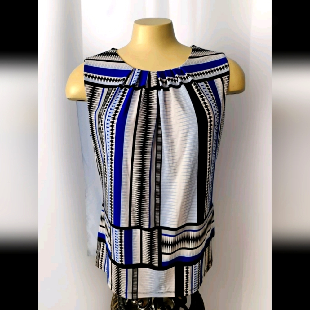 Calvin Klein Womens Sleeveless Stylish Top Blouse Blue, Black, & White Size M